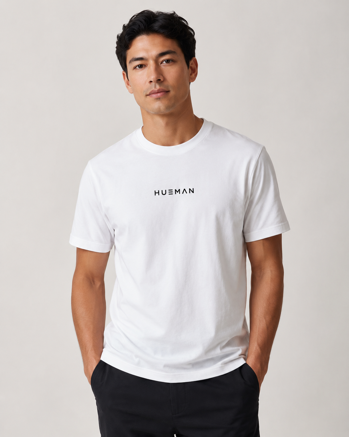 White Essential HUEMAN T-shirt on model