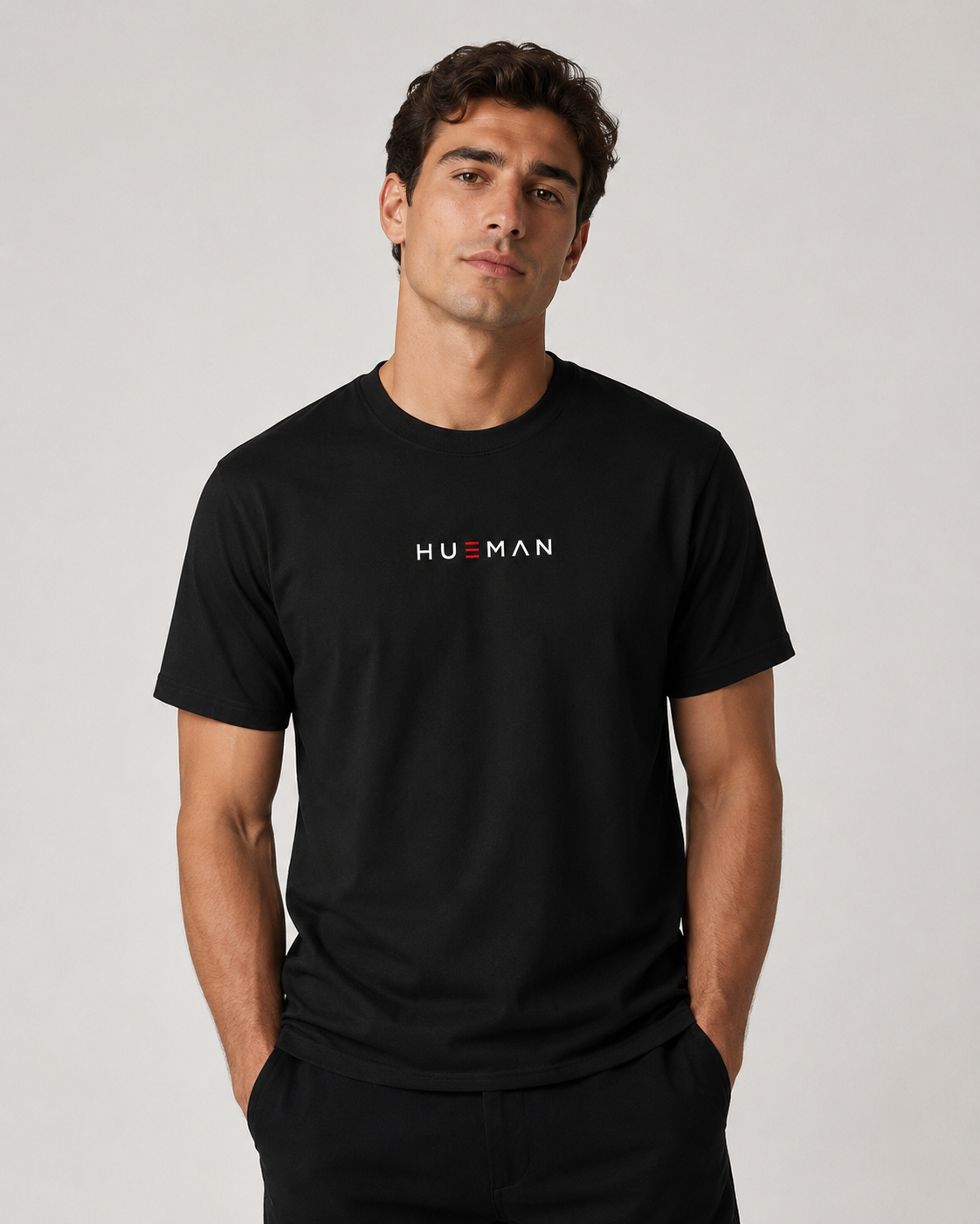 Black Essential HUEMAN T-shirt on model